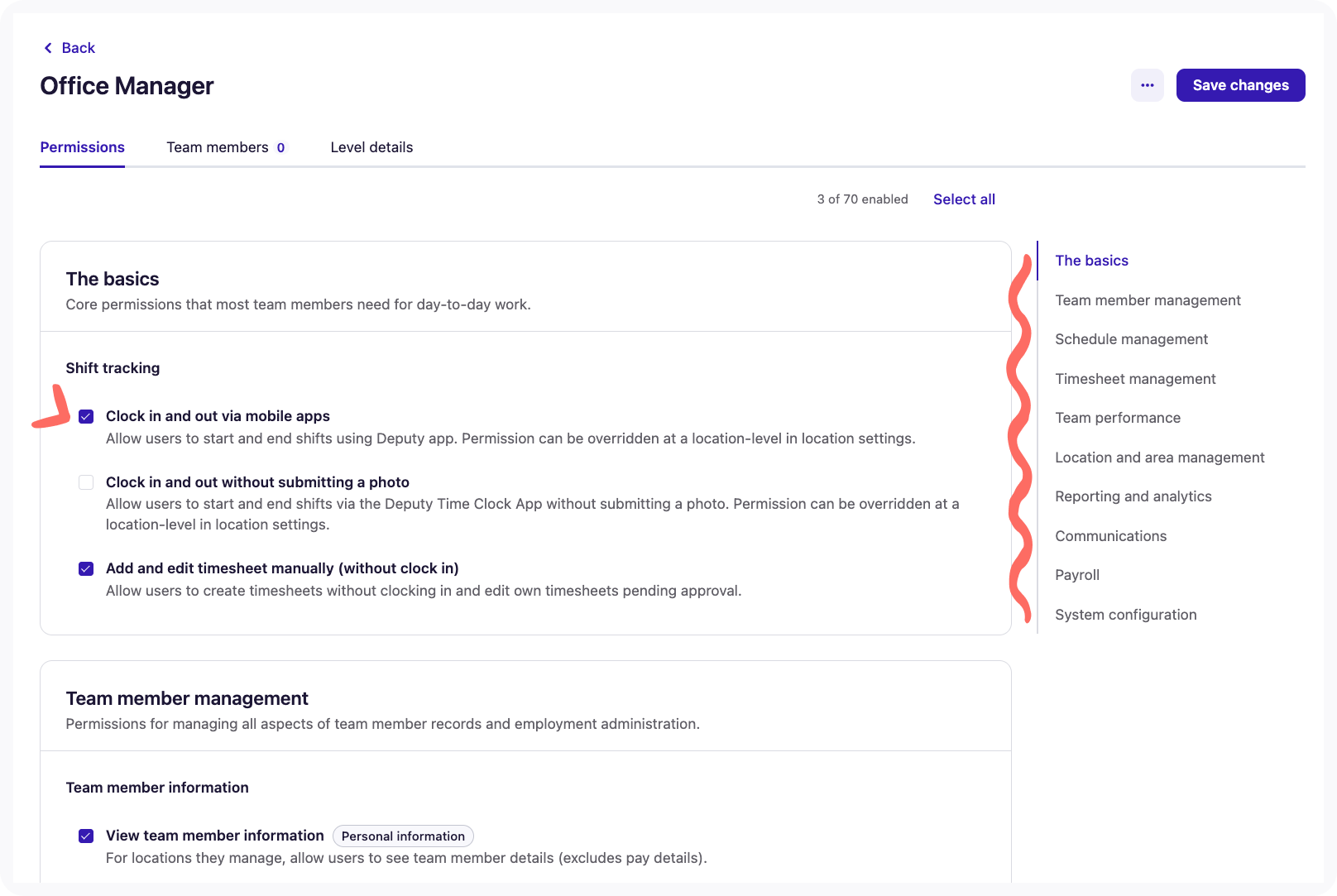 Screenshot of the Permissions page, including the menu of permission categories.