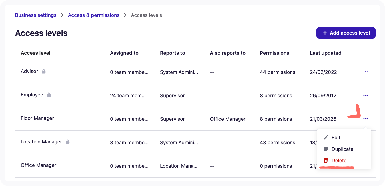 Screenshot of delete button on Access levels page.
