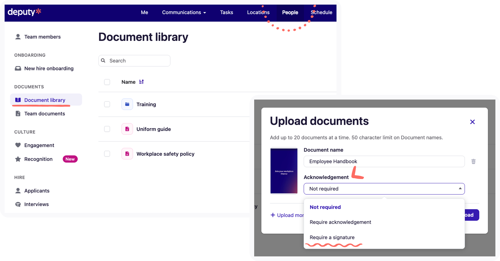 Screenshot of Upload documents window - HR Document Library.