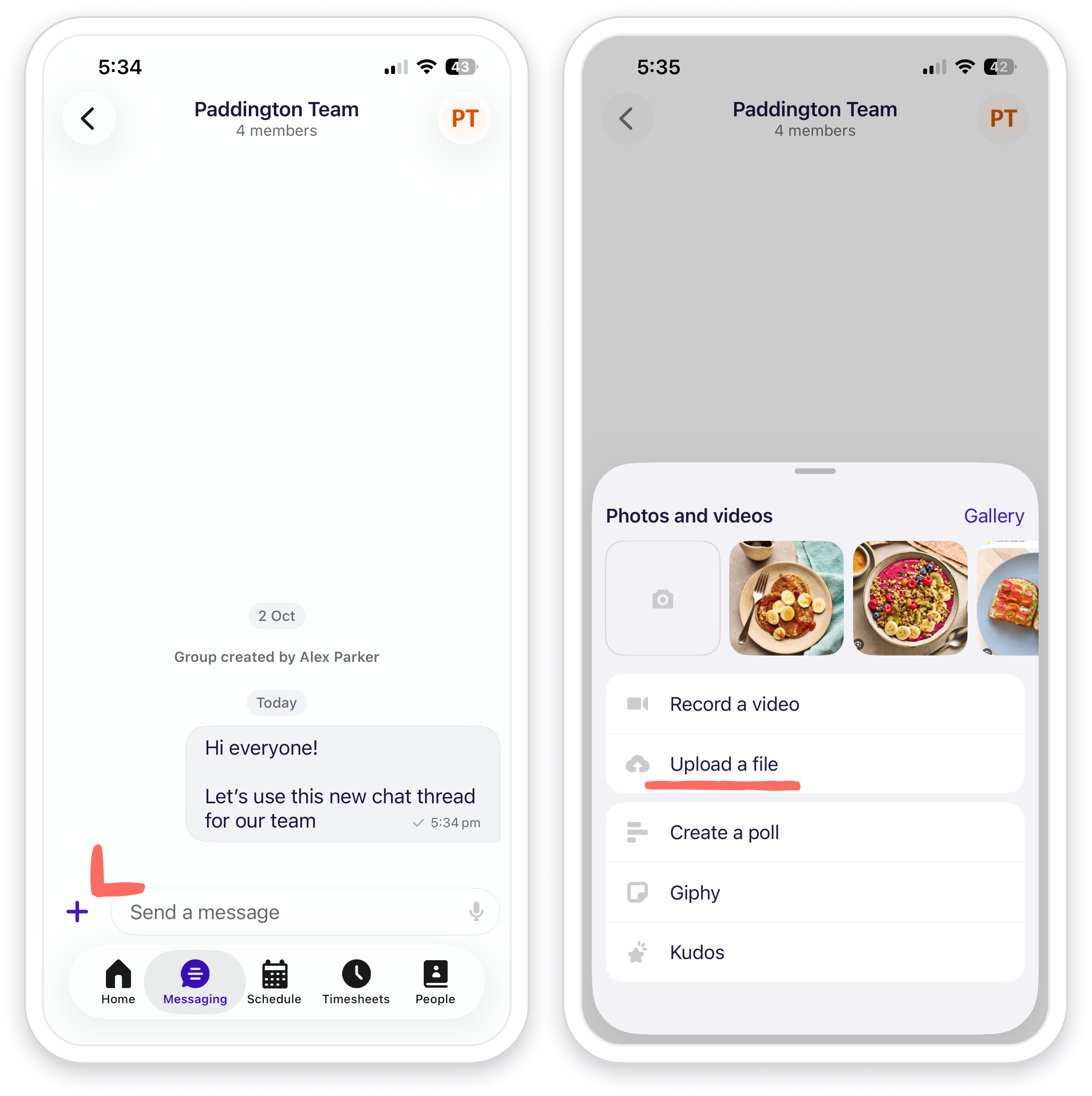 Screenshot of the (+) plus button menu - Deputy Messaging.
