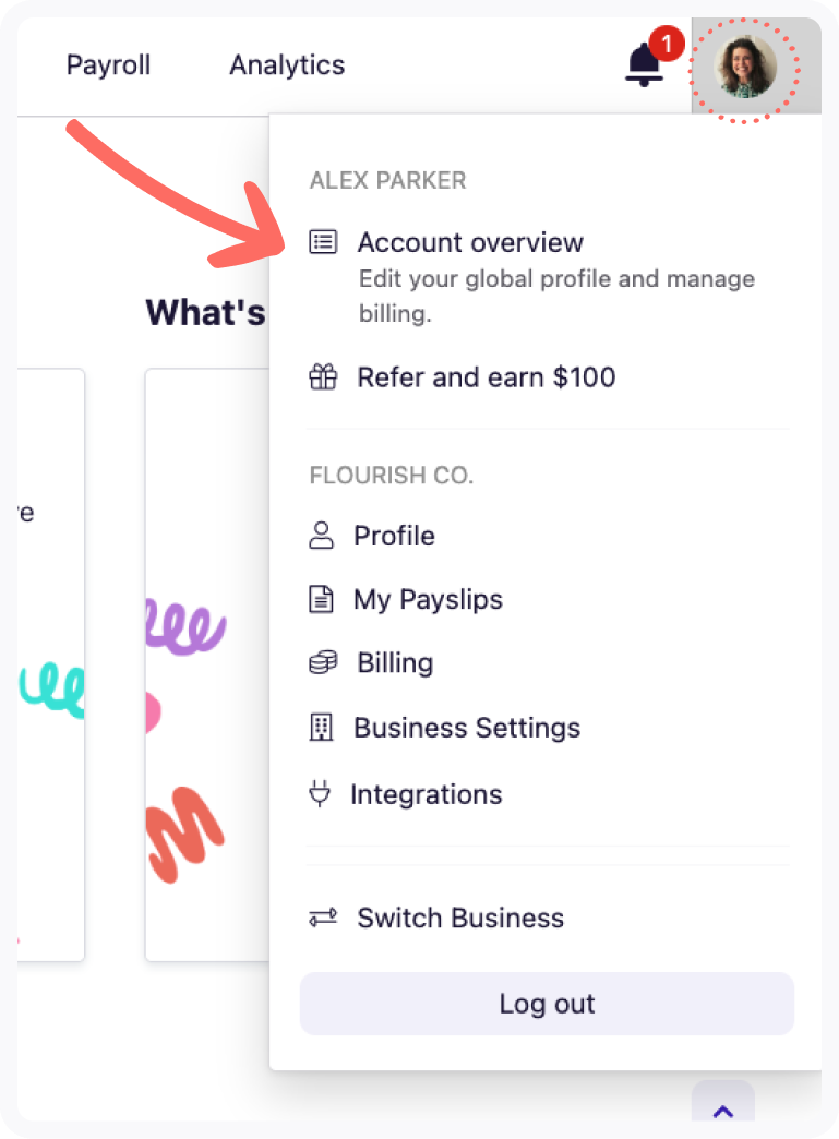 Screenshot of the Profile drop-down menu, with an arrow to the Account overview section.