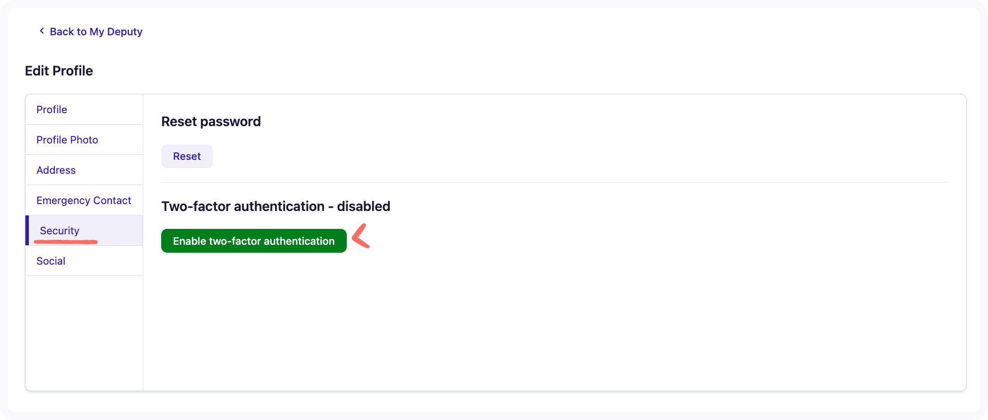 An arrow pointing to the Enable 2FA button on the Security tab.