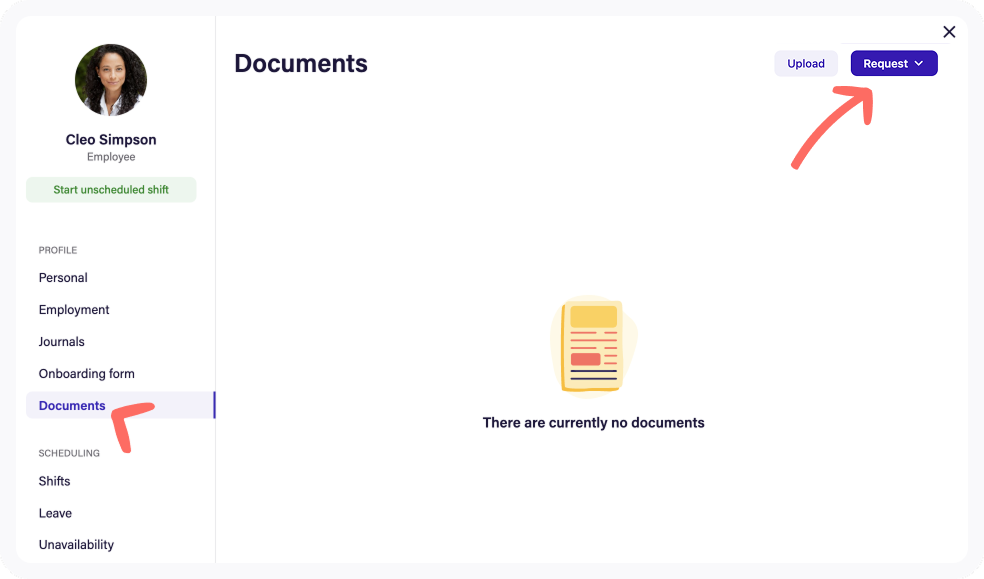 Screenshot of the Request button on the Documents page.