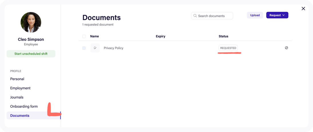 Sample Requested label on the Documents tab.