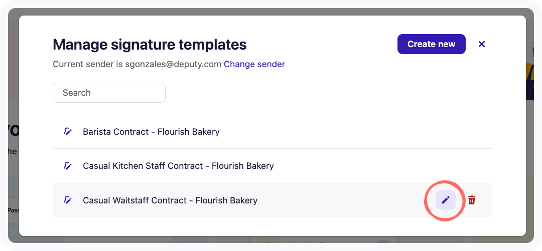 Manage signature templates modal in the Team Documents section.