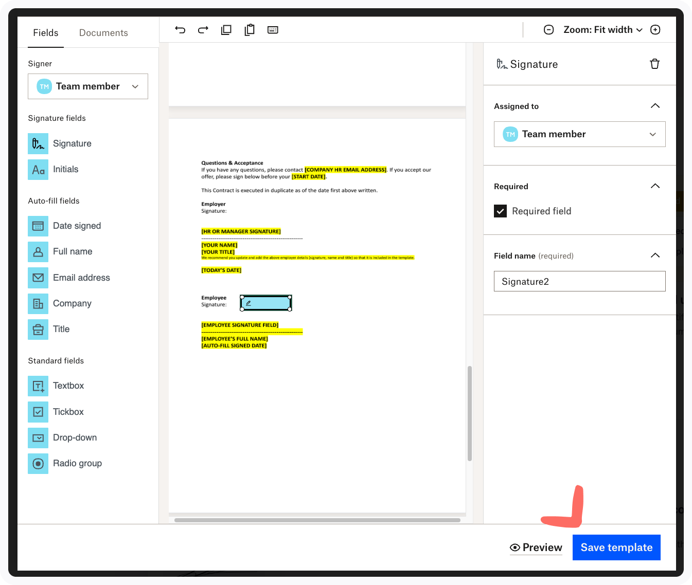 Page for editing existing signature templates.