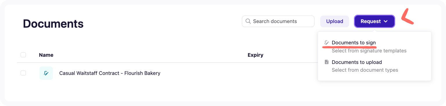 Request document button on the Documents page.