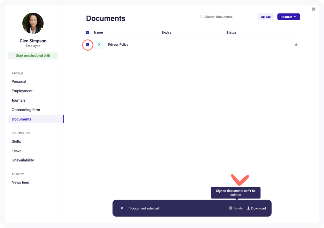 Screenshot of download workflow in the Documents section. 