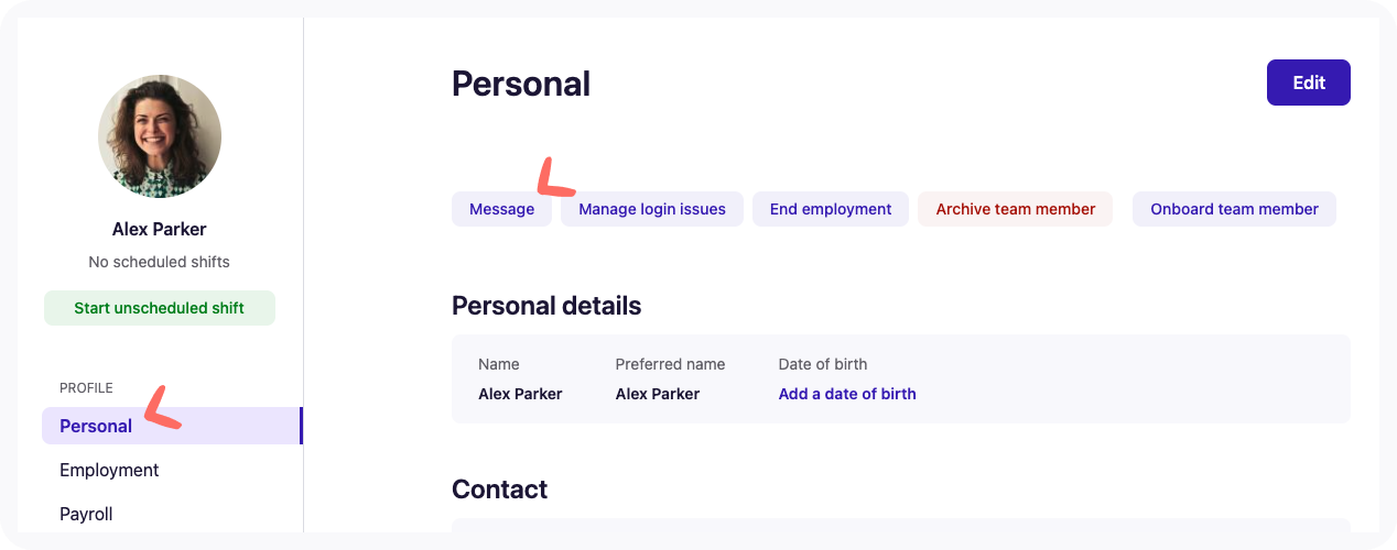 Screenshot of the Message button on the People tab.