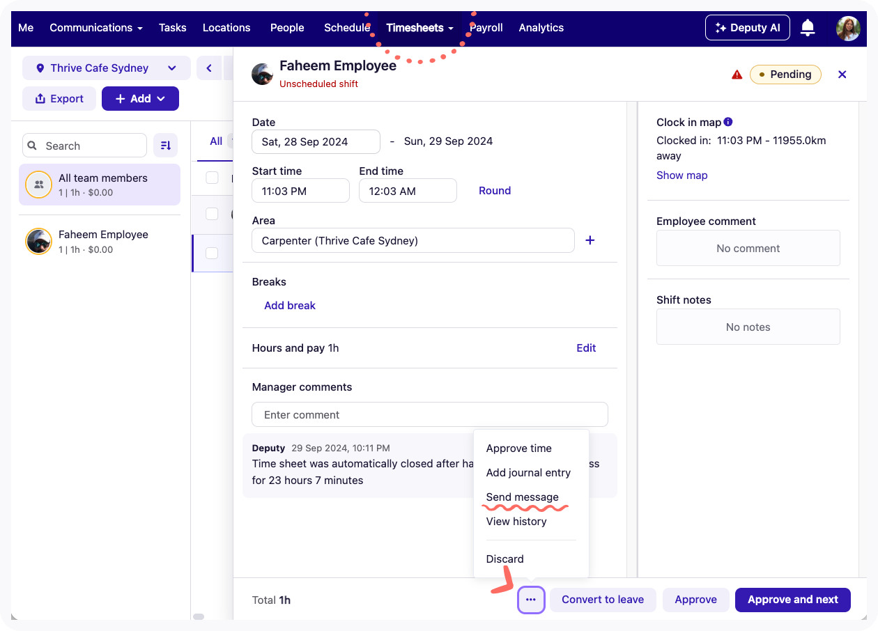 Screenshot of the Send Message button on the Timesheets tab.