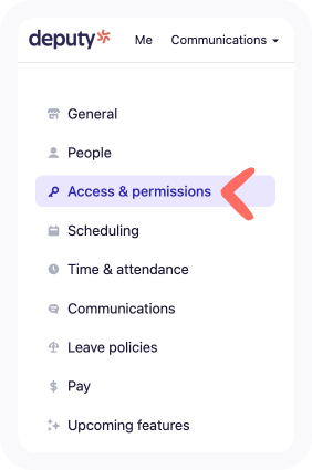 Business settings list of all tabs with arrow pointing to the Access & permissions tab.