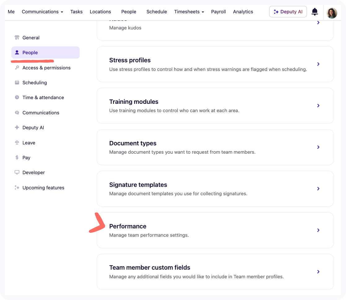 Performance section in Business settings.