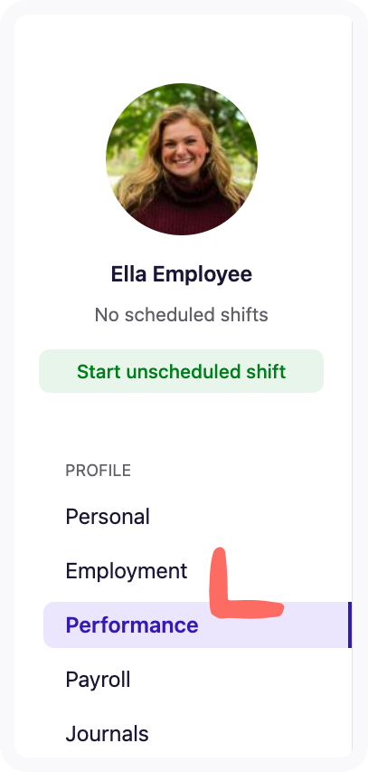 Performance tab on an employee profile. HR Performance.