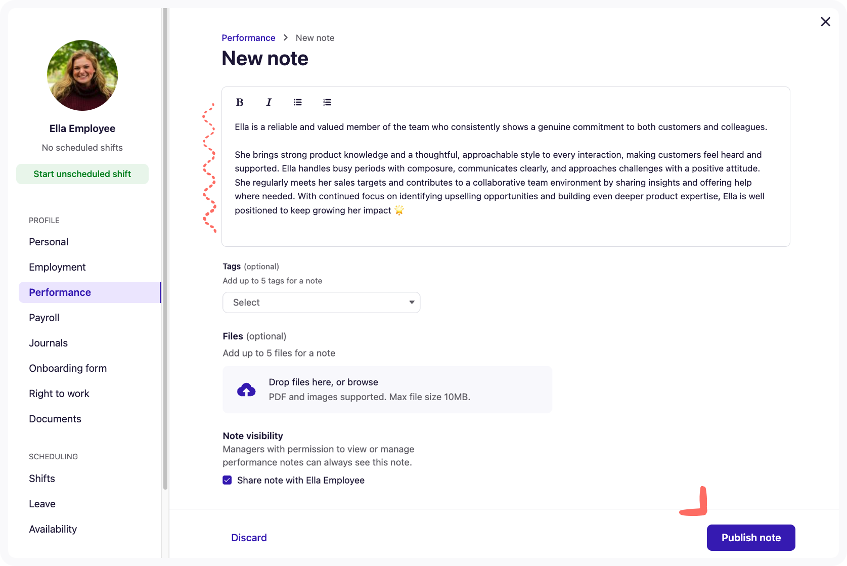 Screen navigation for writing a HR performance note.