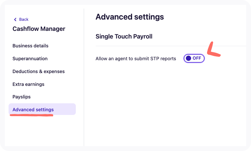 Screen shot of the ON and OFF toggle for Allow an agent to submit STP reports setting.