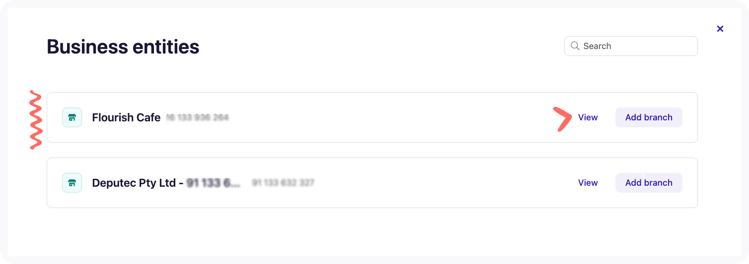 Screenshot of Business entites with View button.