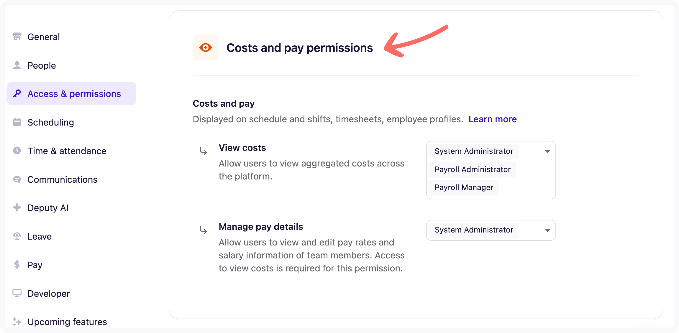 Costs and pay permissions section in Business Settings.