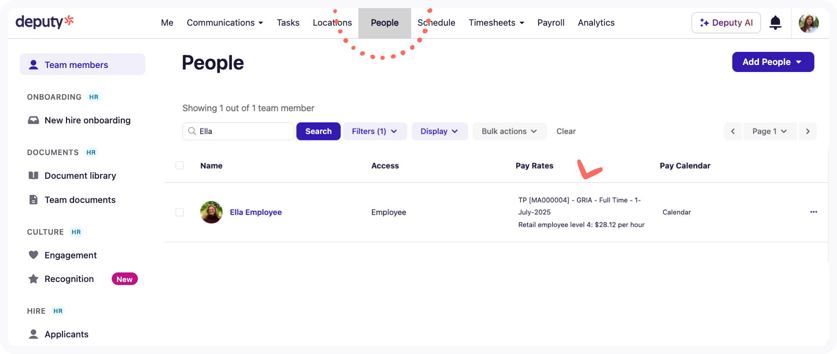People tab view - with pay rate data visible.