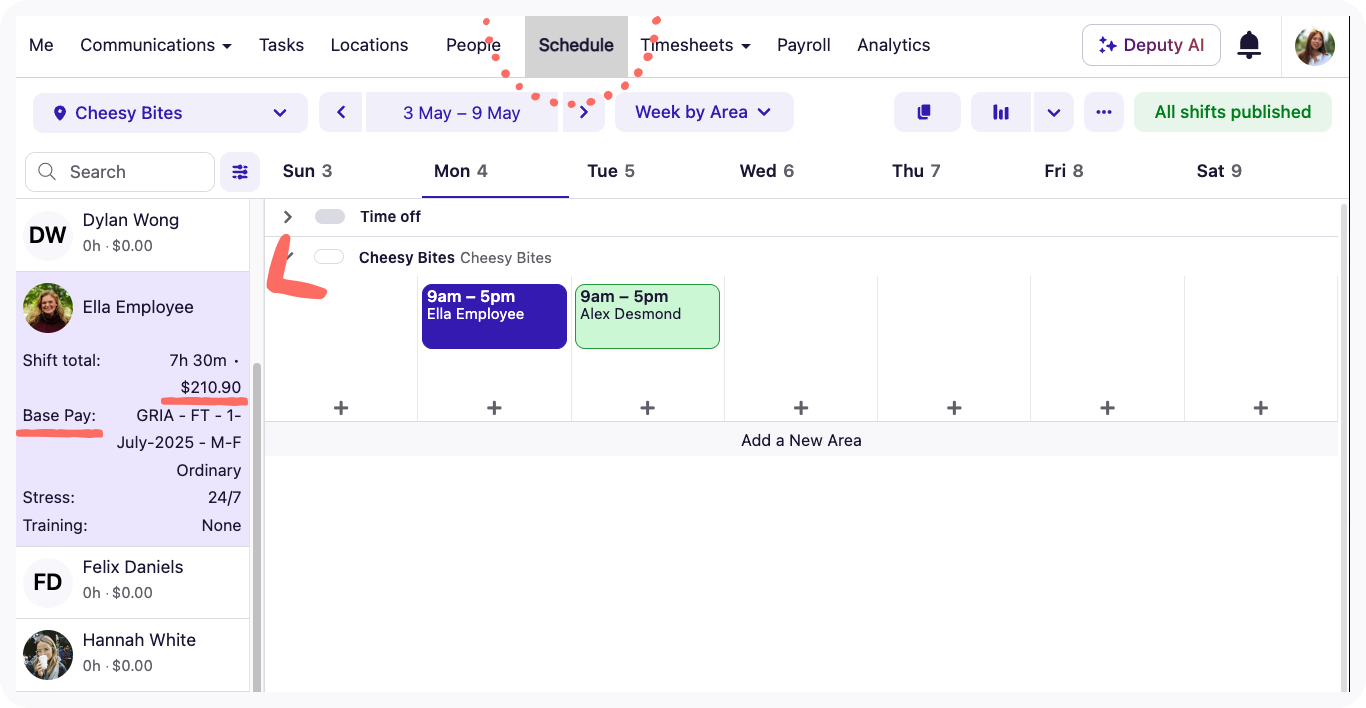 Schedule tab with pay rates visible.