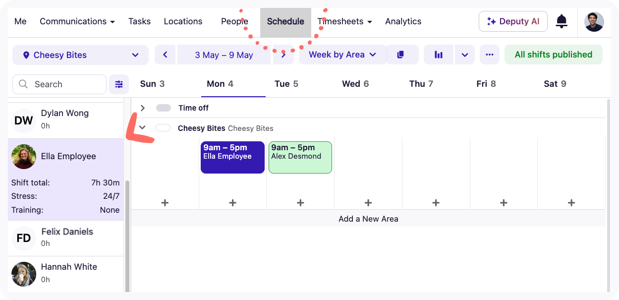 Schedule page view with pay rates hidden.