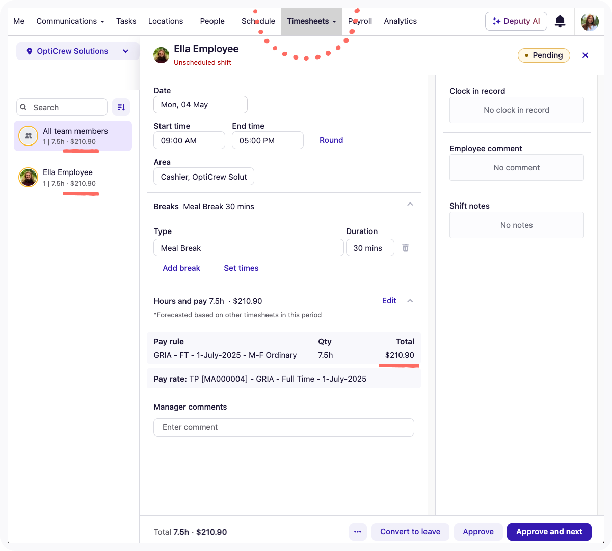 Screenshot of Timesheet page with pay rates visible.