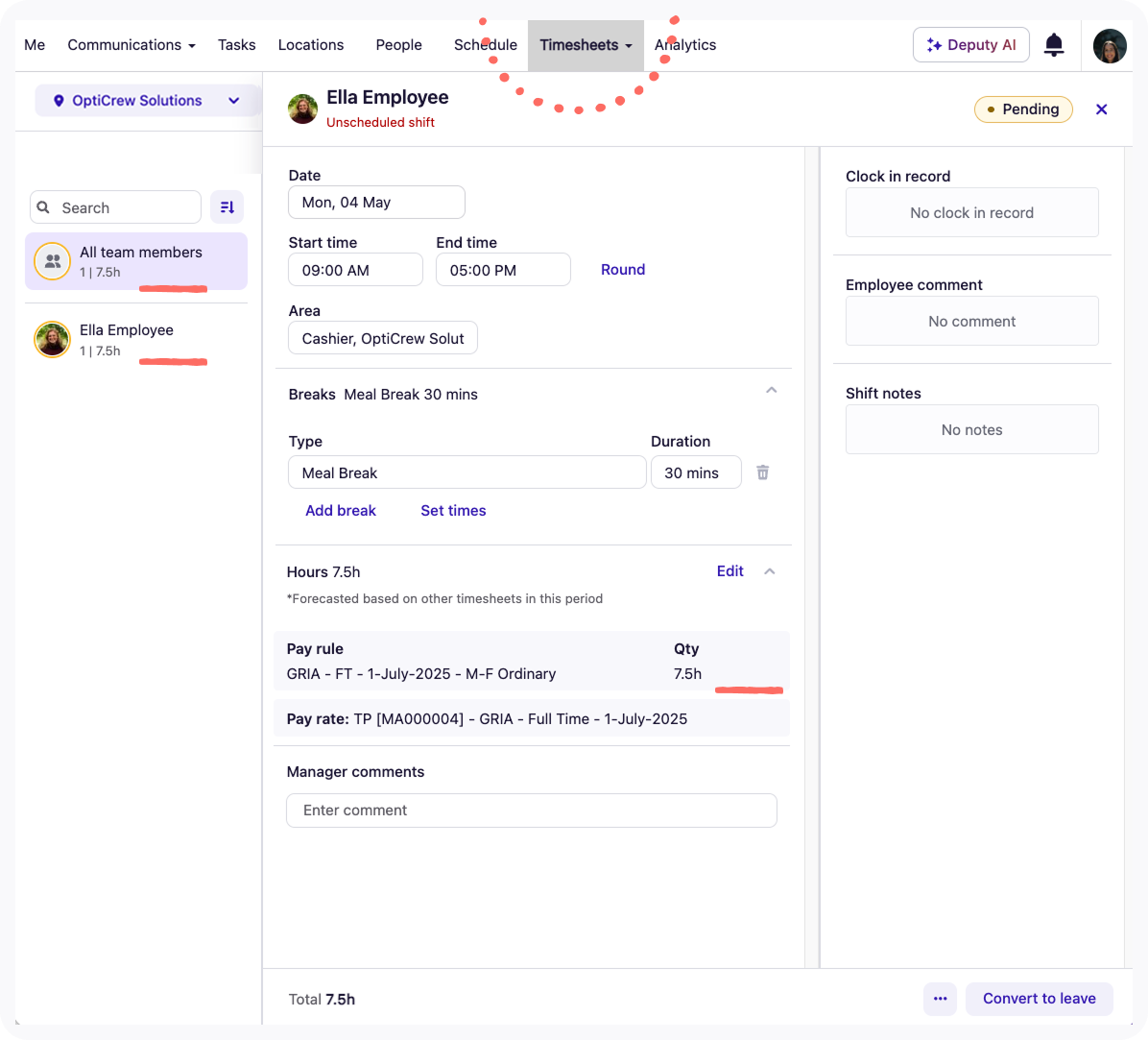 Screenshot of Timesheet page with pay rates hiddent.