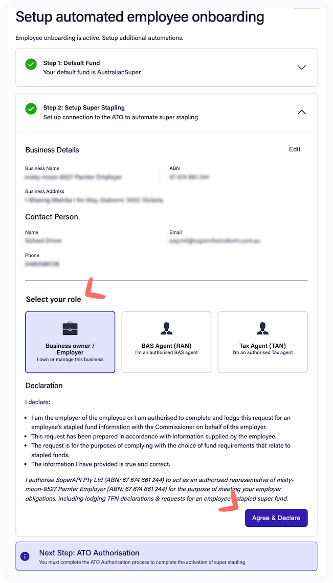 ATO Connection declaration page.