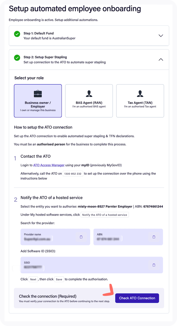 Screenshot of the Check ATO connection button.