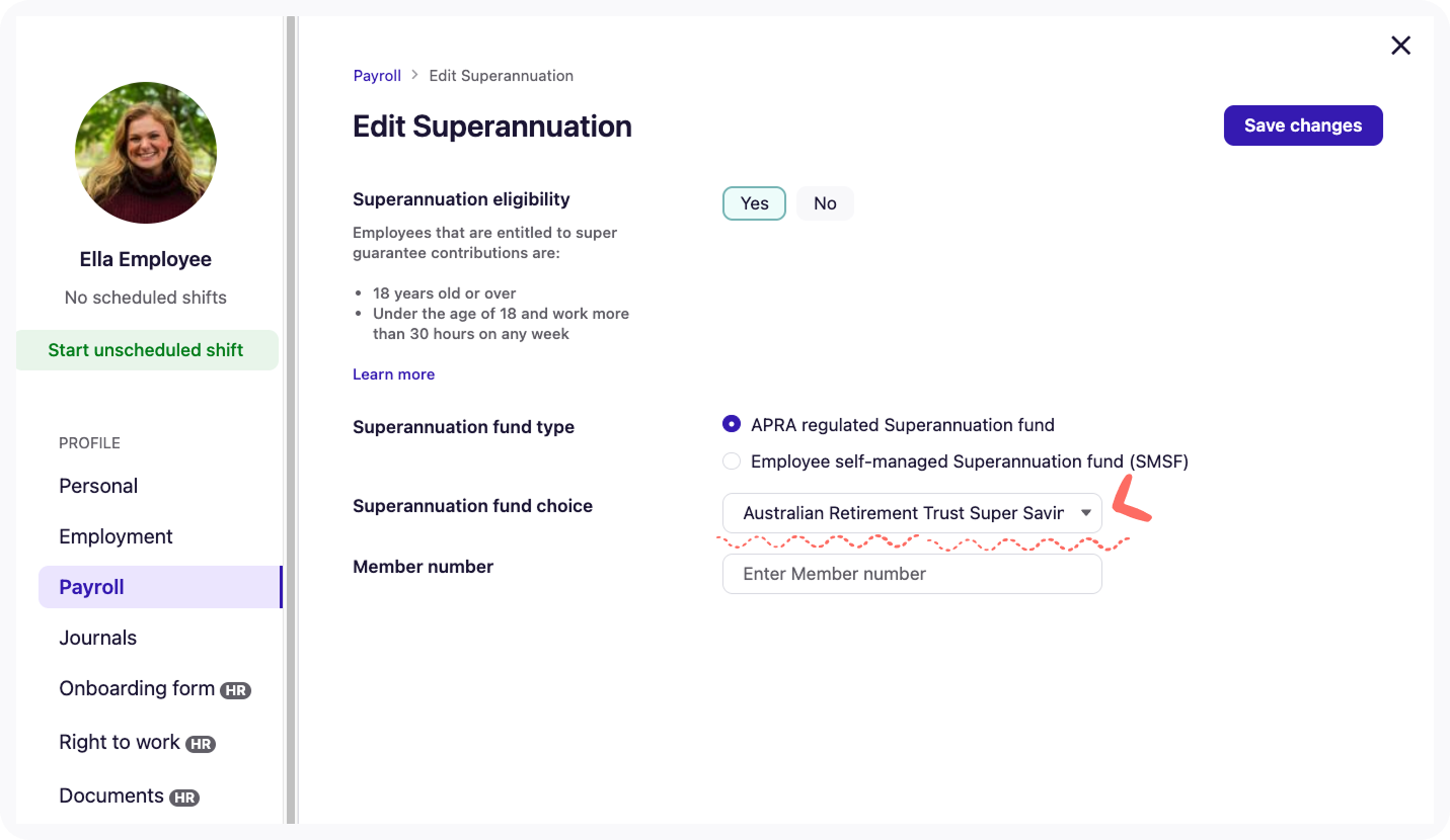 Screenshot of the Edit Superannuation page workflow - Super fund choice field.