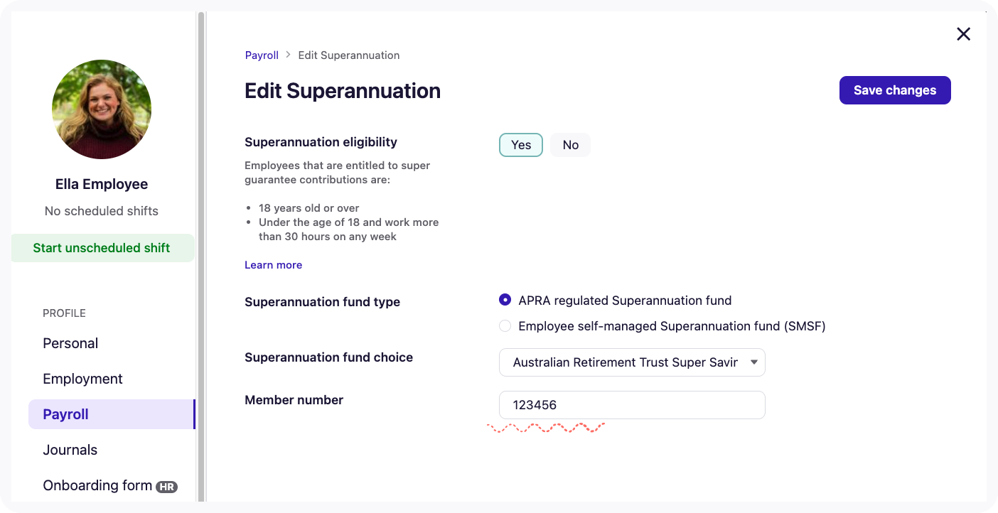 Screenshot of the Edit Superannuation page. workflow.