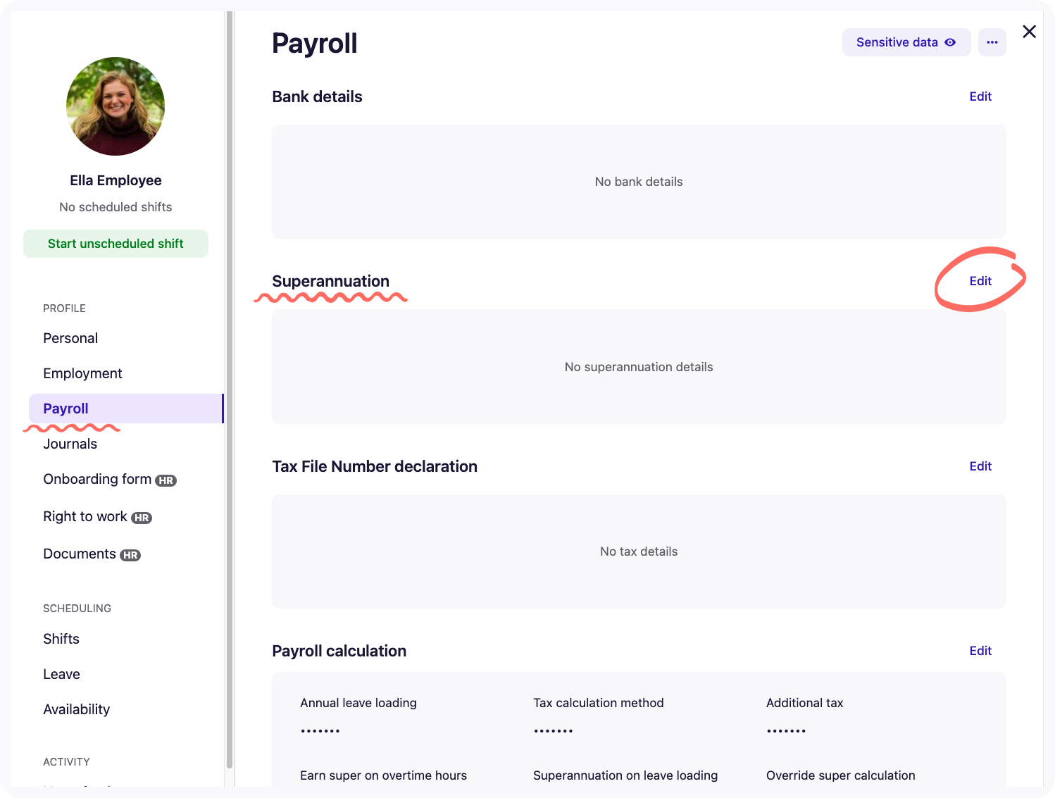 Screenshot of the Edit Superannuation page. workflow - Edit button.