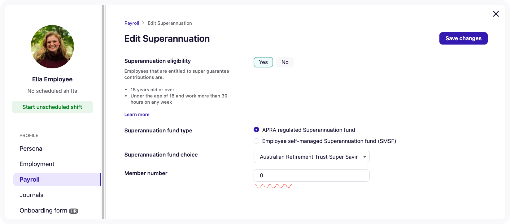 Screenshot of the Edit Superannuation page workflow - Member number field.