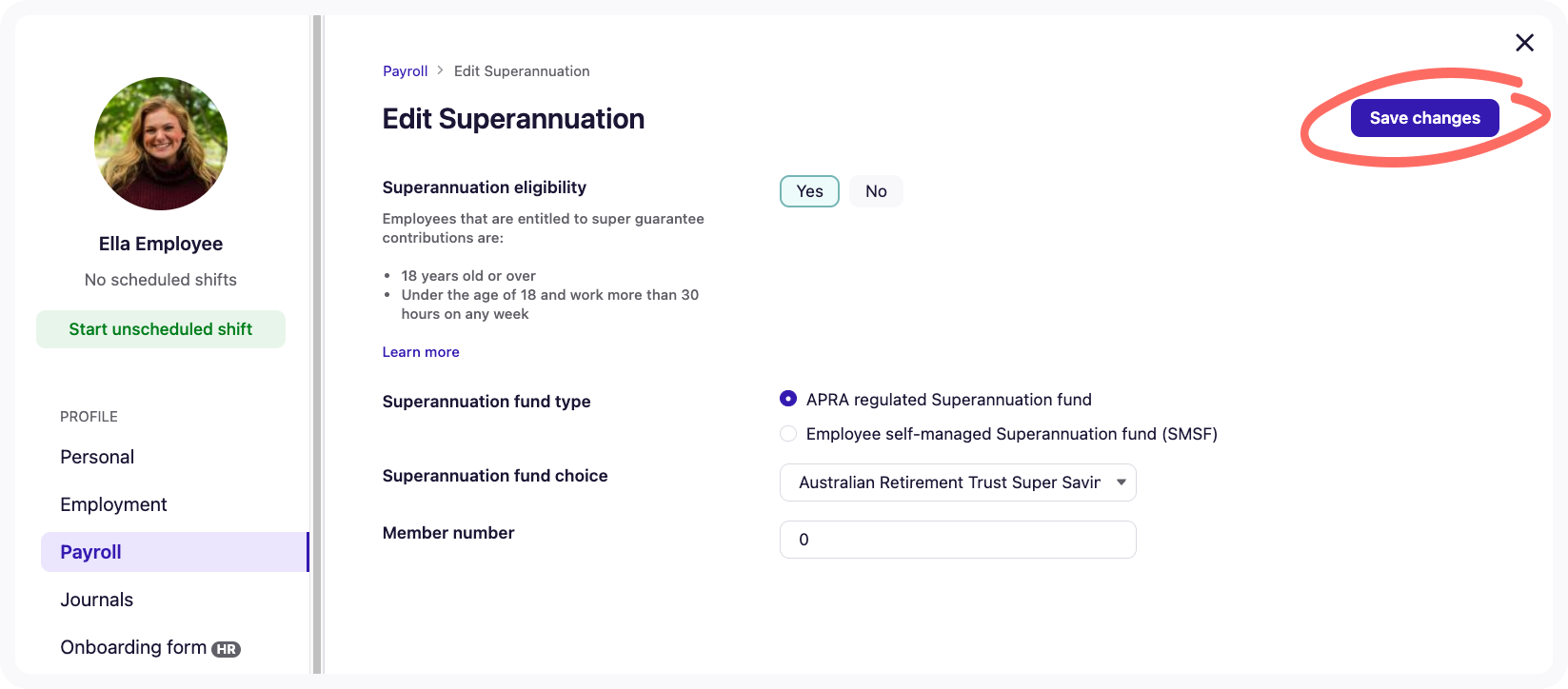 Screenshot of the Edit Superannuation page. workflow - Save changes button.