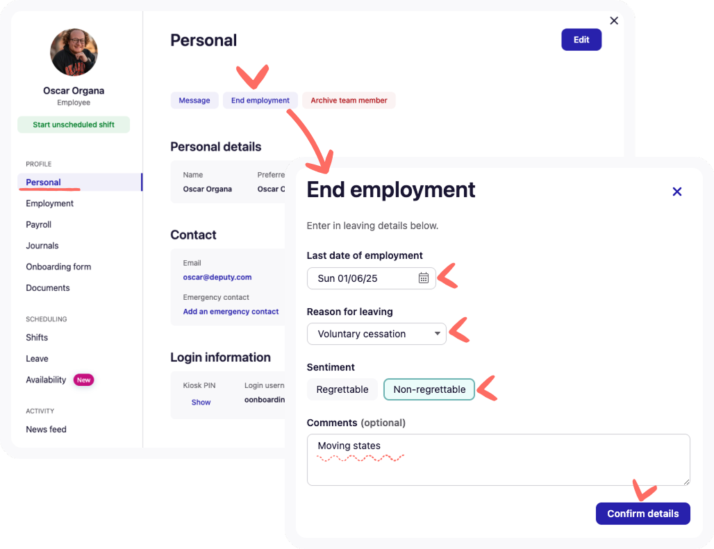 Screenshot of End Employment screen. 