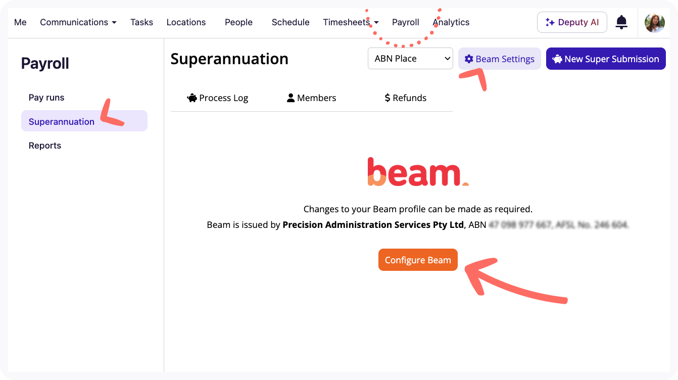Screenshot of the Beam Configure button.