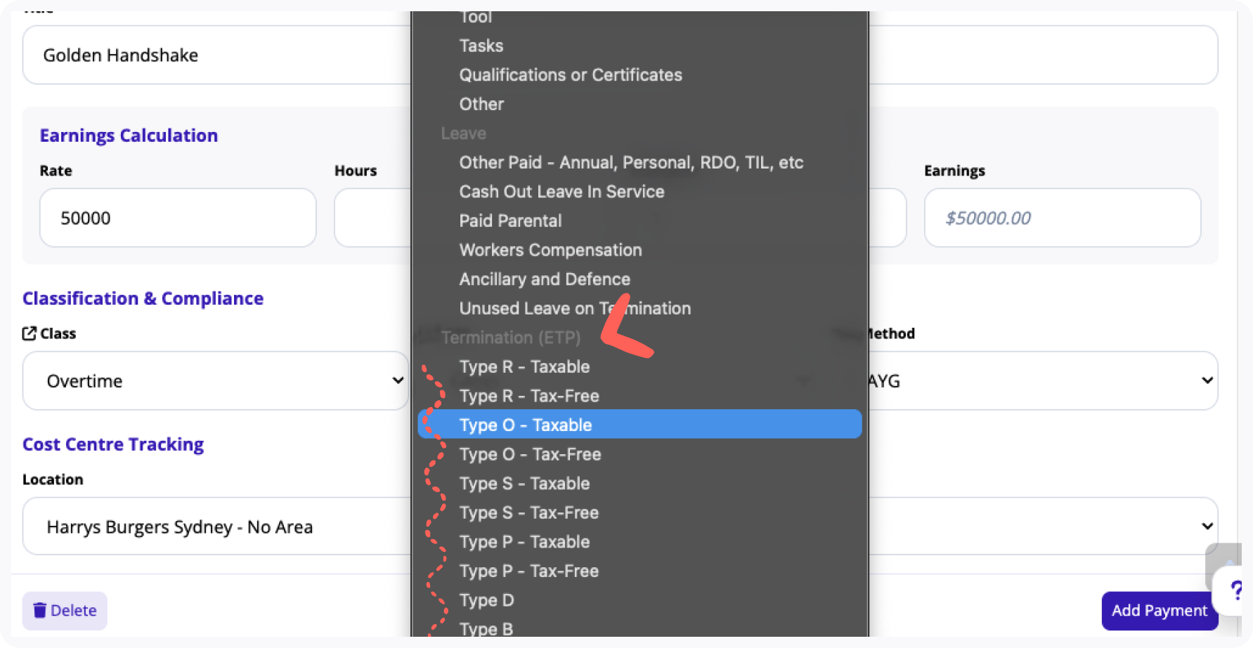 Screenshot of STP types selection.