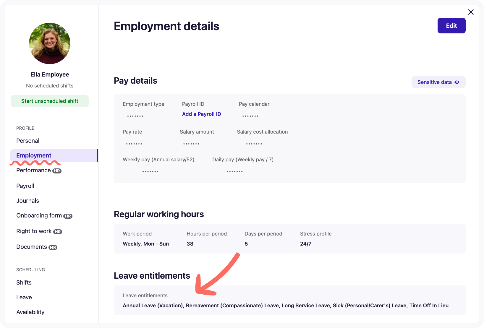 Screenshot of Leave entitlements section in Employe profile.
