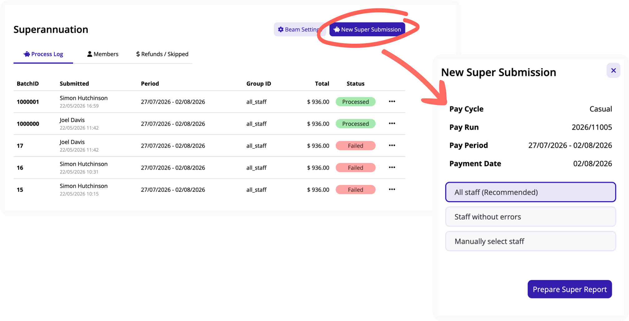 New Super Submission screen with payrun information.