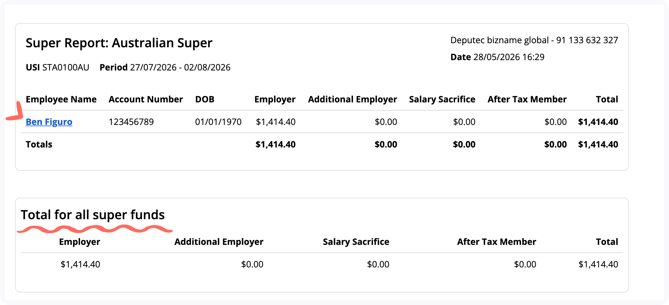 Super Report with specific employee summary example.