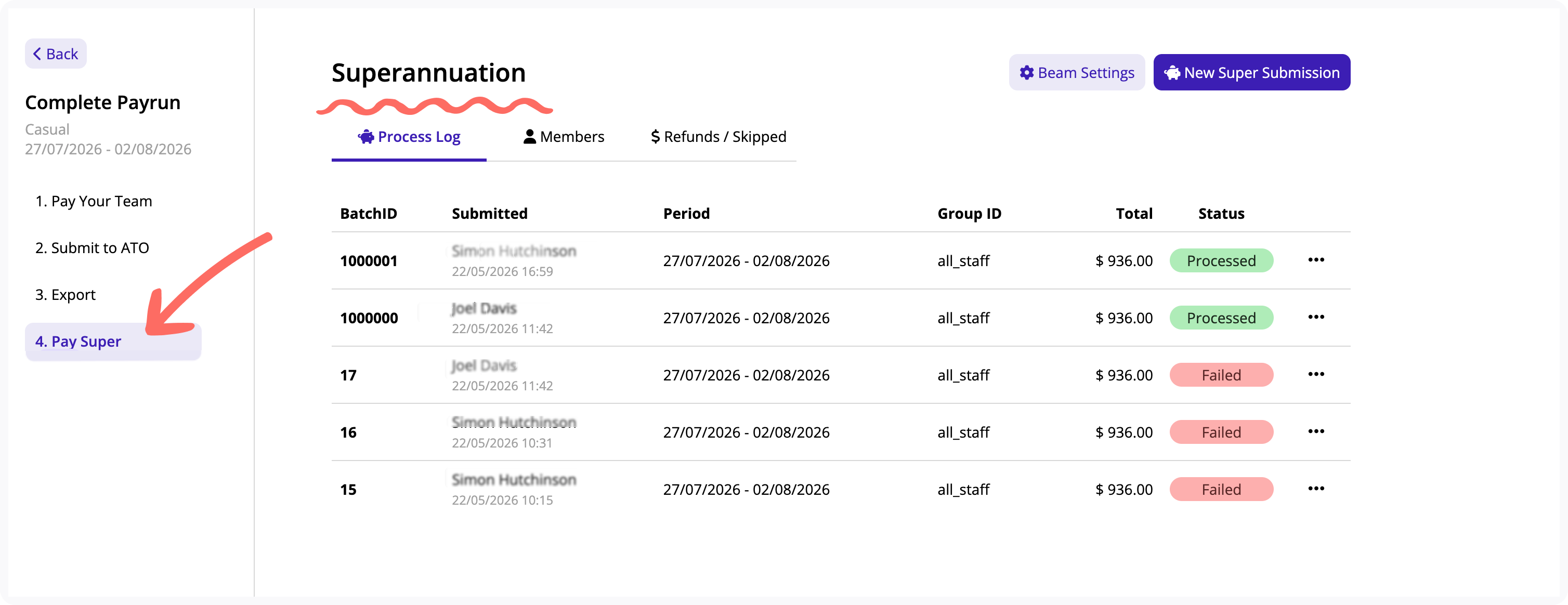 Pay Super step of completing a payrun.
