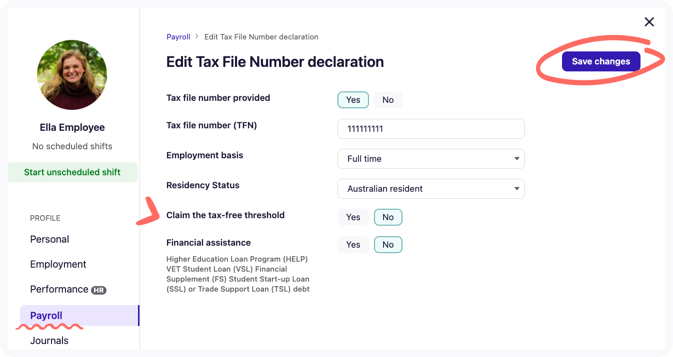 Edit Tax File Number declaration page on the People tab.