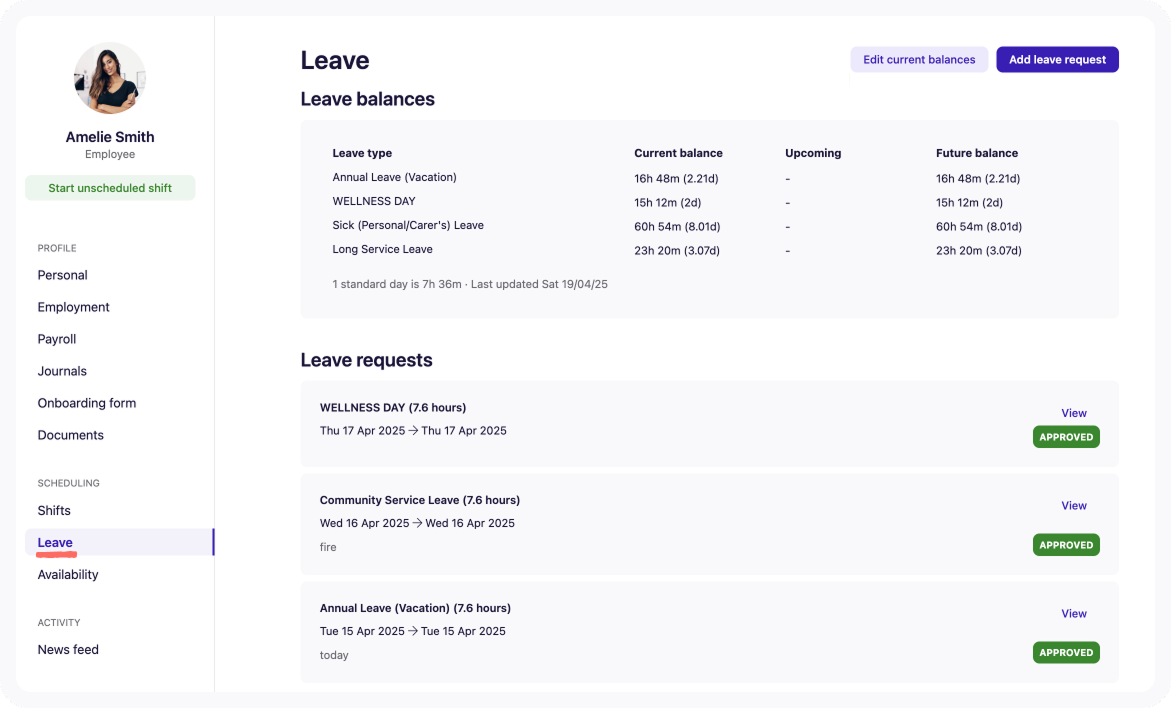 Leave tab on the Employee Profile
