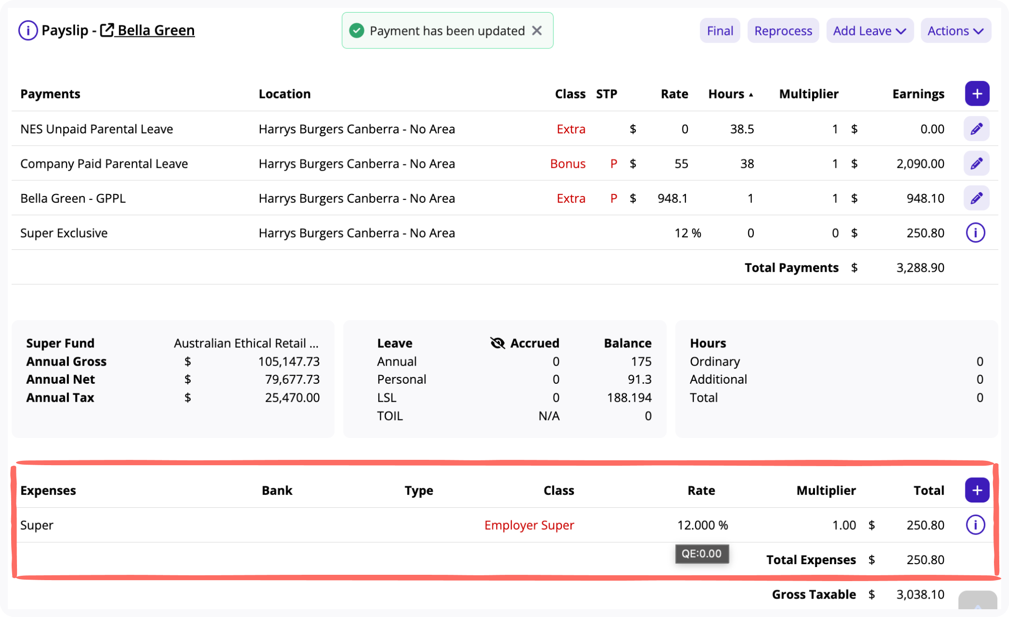 Screenshot of Payroll execution step.