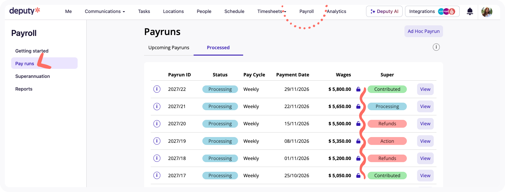 View from Pay runs page.