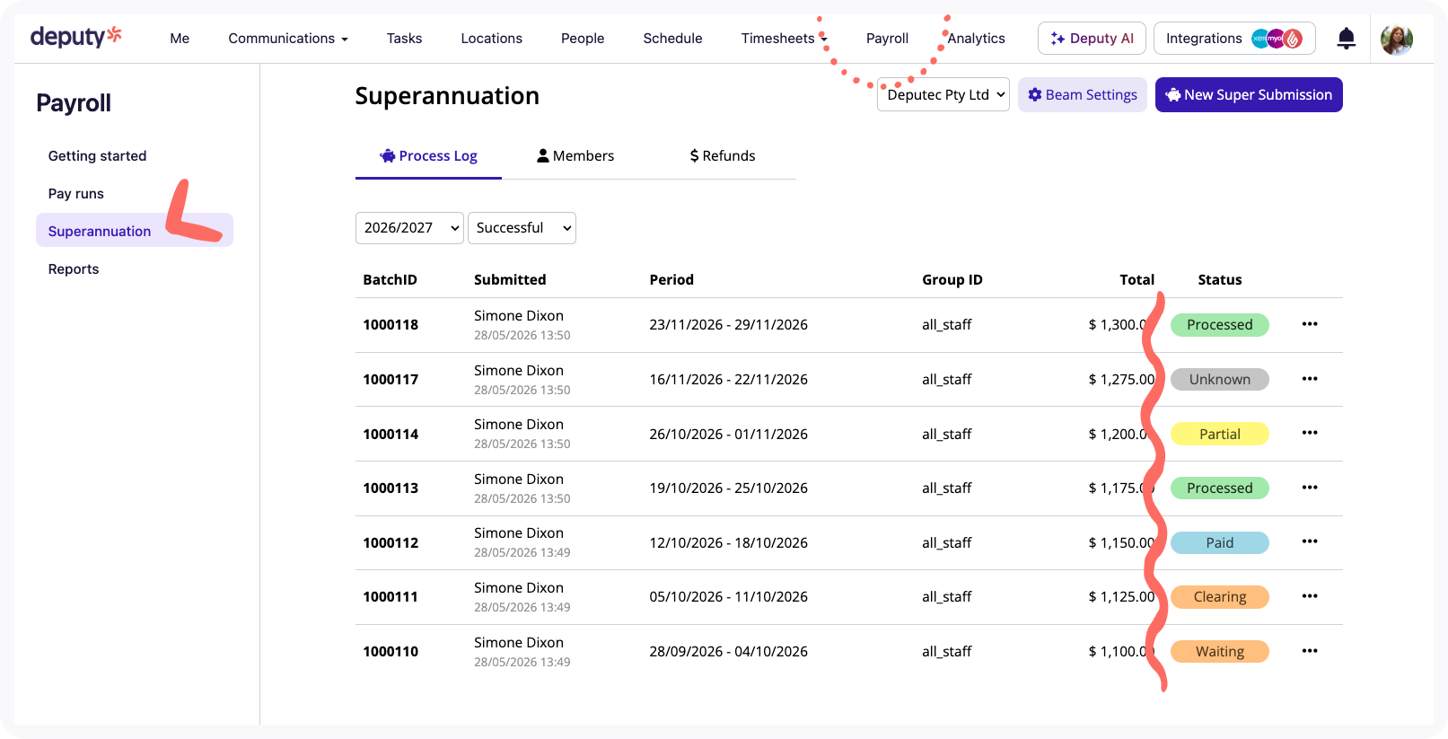 View from Superannuation page.