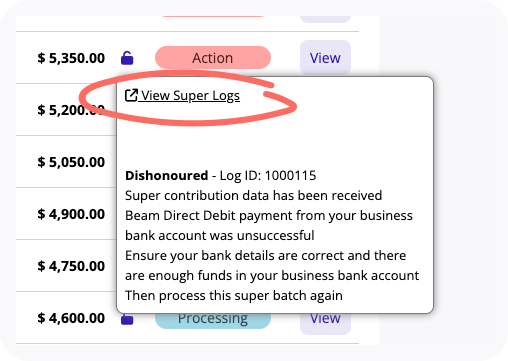 Clickable text for View Super Logs.