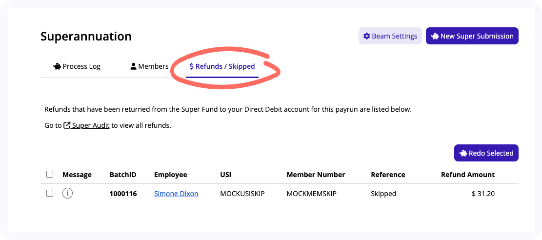 Refunds / Skipped tab on the Pay Super page.