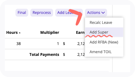 Actions button and associated drop-down menu items.