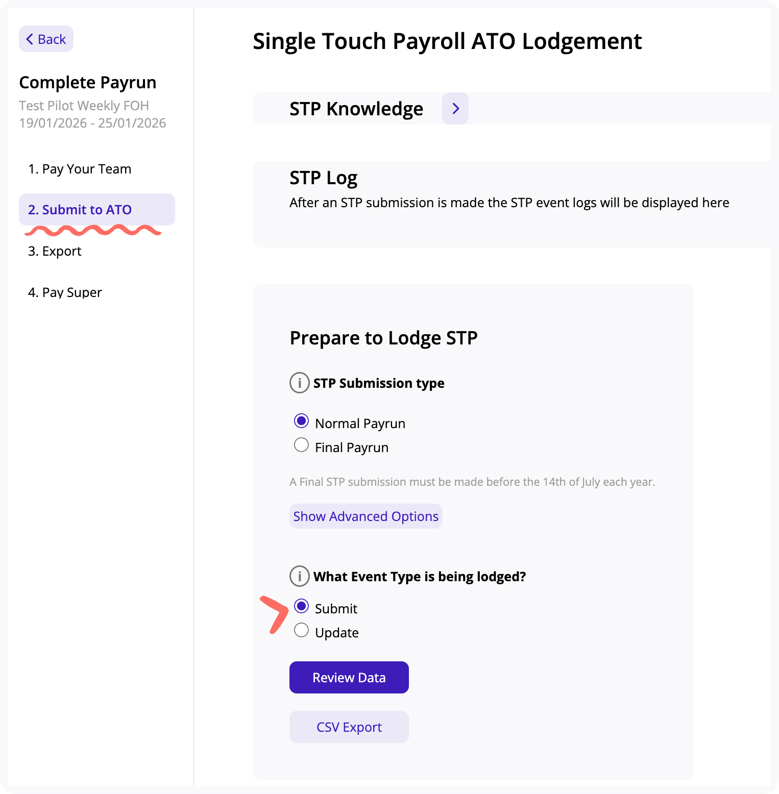 STP lodgement page screenshot.