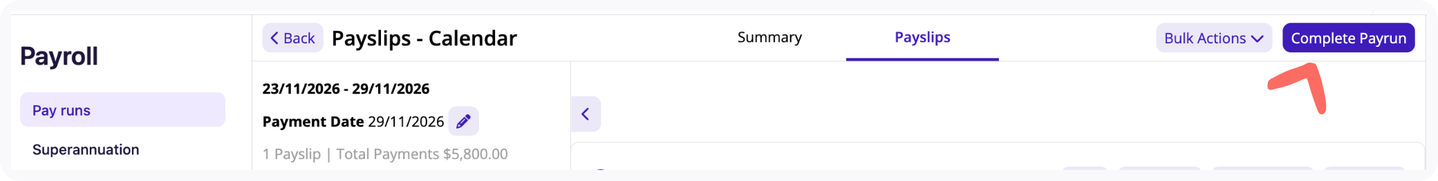 Screenshot of the Complete payrun button.